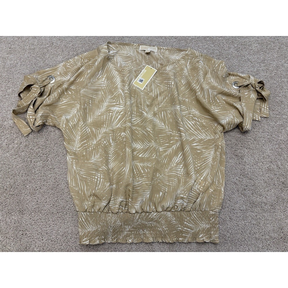 New MICHAEL Michael Kors Women's Plus Size Beige Palm-Print Flare-Sleeve Top 1X